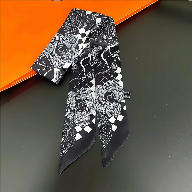New Black And White Camellia Print Silk Skinny Scarf for Hair Ribbons Women Decoration Twill Silk Wrapping Bag Ties Silk Scarf