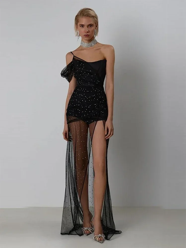 2024 Sheer Diamonds Dress + Bodysuit 2-Piece Set Women Black One Shoulder Split Mesh See Through Party Club Suit