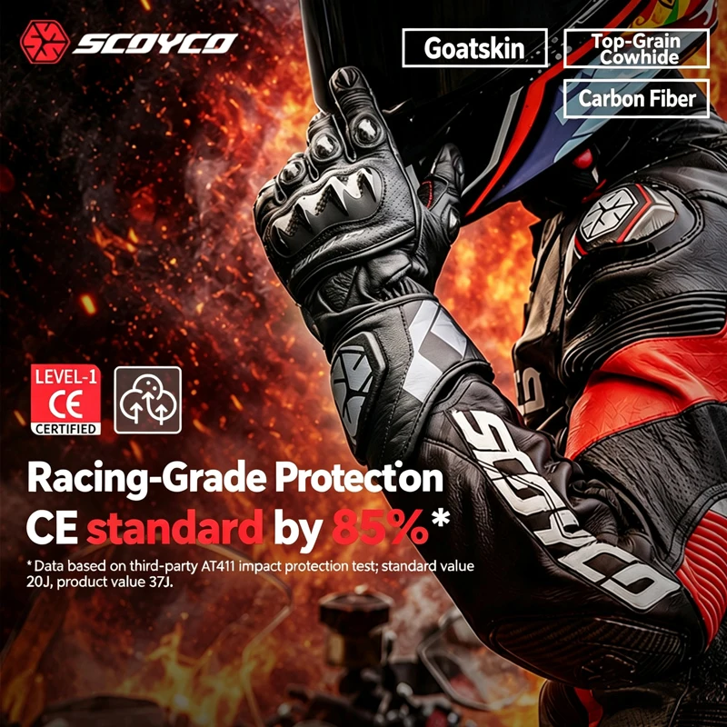 Scoyco Full Finger Motorcycle Racing Gloves Carbon Fiber Knuckle Shell Genuine Leather Breathable Touch Screen SR-8