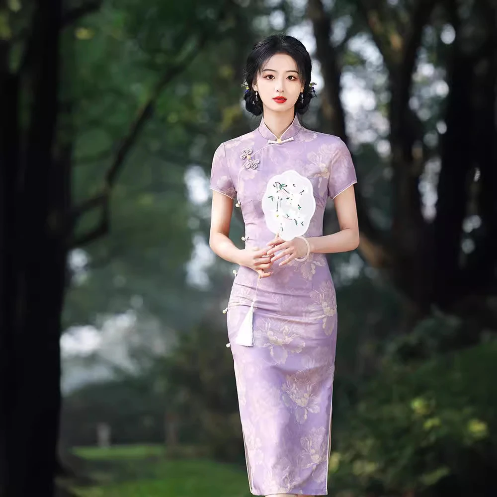 

Spring Summer Cheongsam New Simple Elegant Young Girl Temperament High-end Purple Print Qipao Traditional Chinese Dress Chinoise