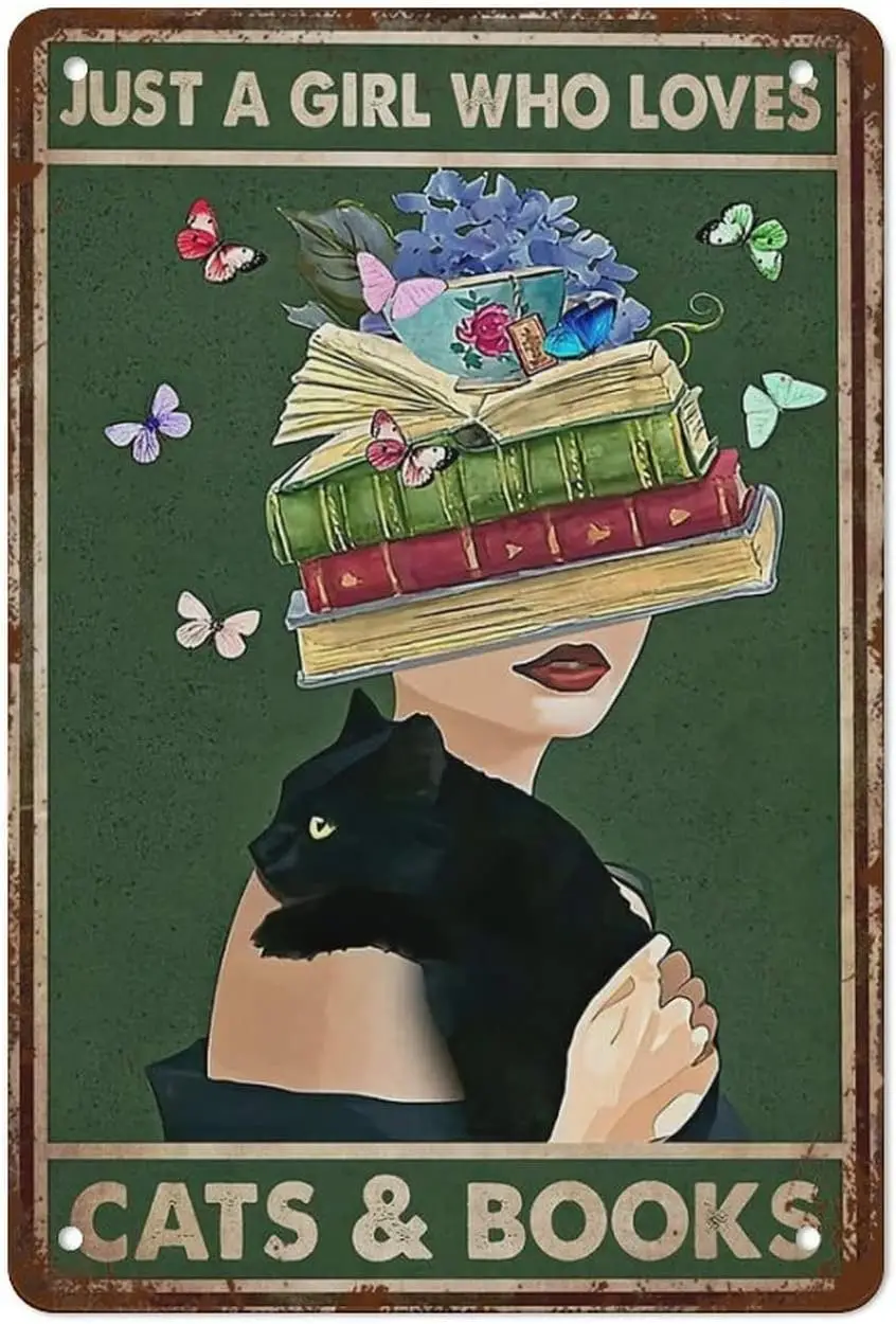 Just A Girl Loves Cats and Books Poster Book Head Woman with Cat Gift for Reader Reading Girl Best Vintage Fun Home