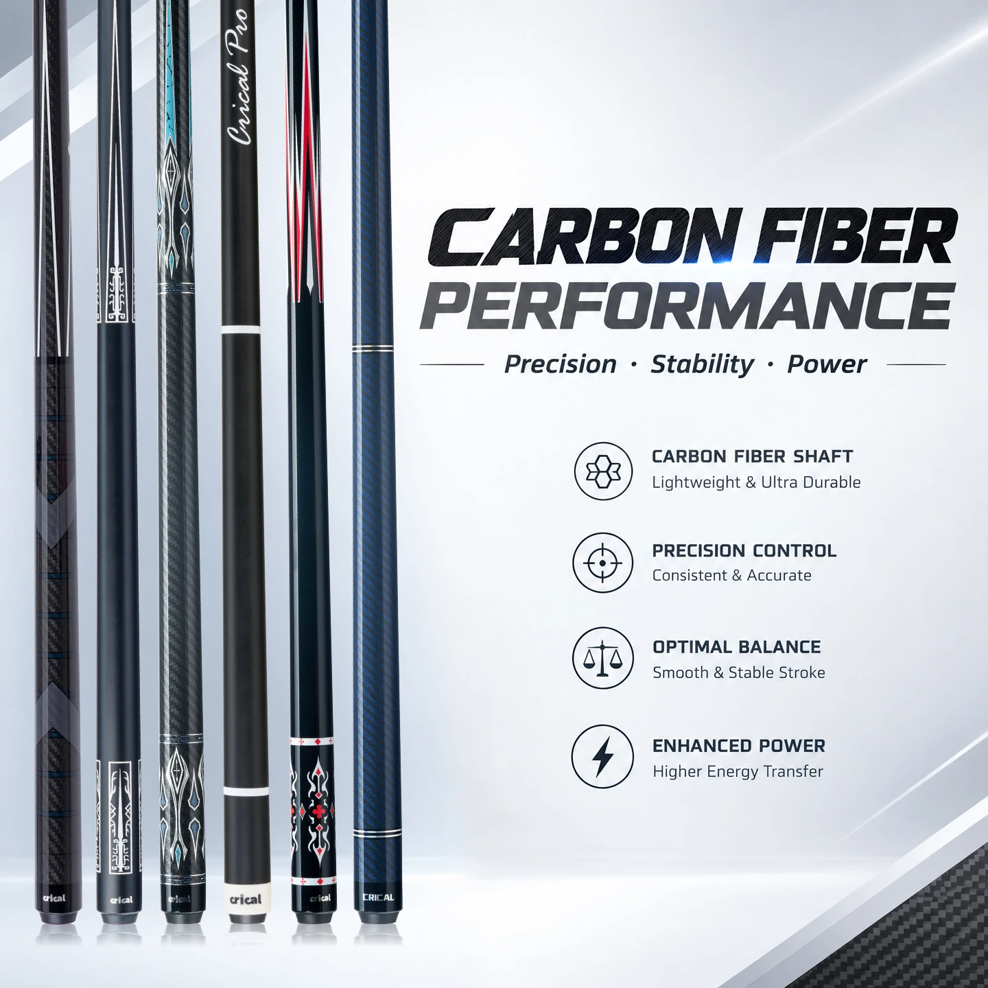 CRICAL Carbon Fiber Pool Cue Stick Billiard Cue Sticks Professional Low Deflection Pool Sticks with 3/8 * 8 Pin Joint and 12.5mm