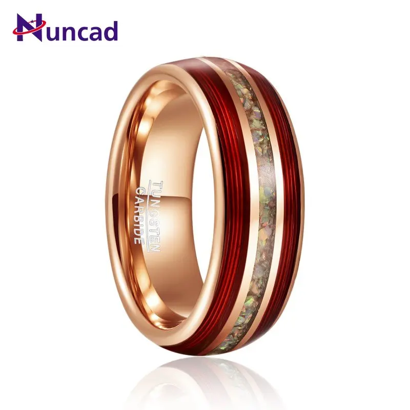 Nuncad 8mm Tungsten Carbide Steel Ring Rose Gold Inlaid Carbon Fibre Red Guitar String Opal Wedding Rings For Men Jewelry