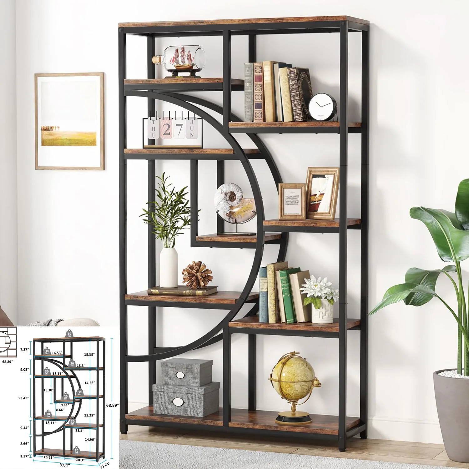 Boekenplank, industriële 5-laags Etagere boekenkast, 70,8 inch hoge boekenplank, boekenplank display tack rekken