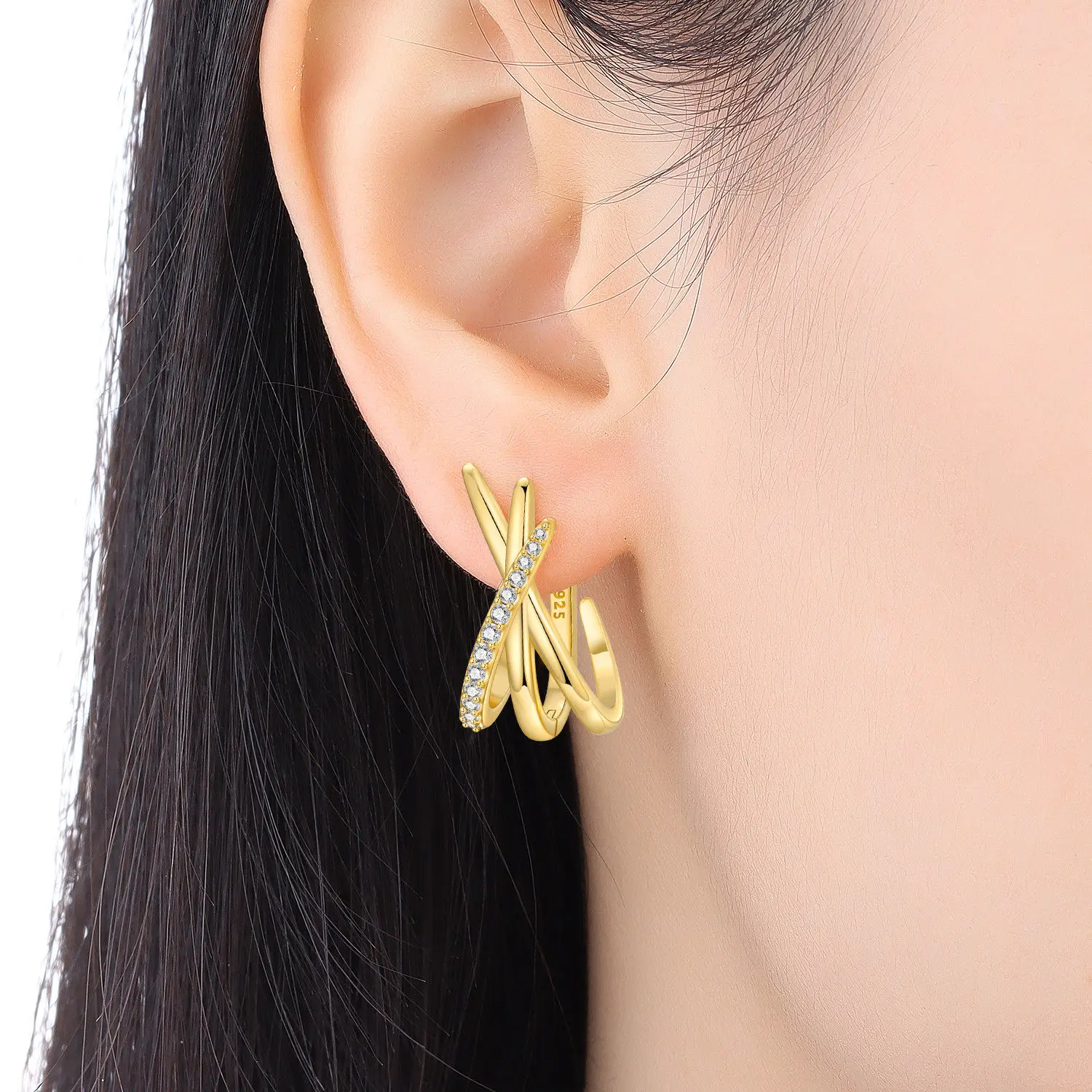 

PANPOKI 925 Sterling Silver Personalized Three Line Crossed Earrings Silver Hoop Earrings For Women Jewelry Original Party Gift