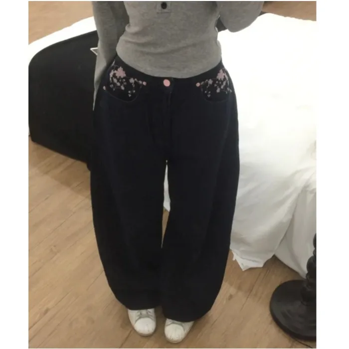 Sakura Embroidery Loose Scythe Jeans Casual High Waist Straight Leg Long Black Cotton Denim Wide Leg Pants Asymmetrical
