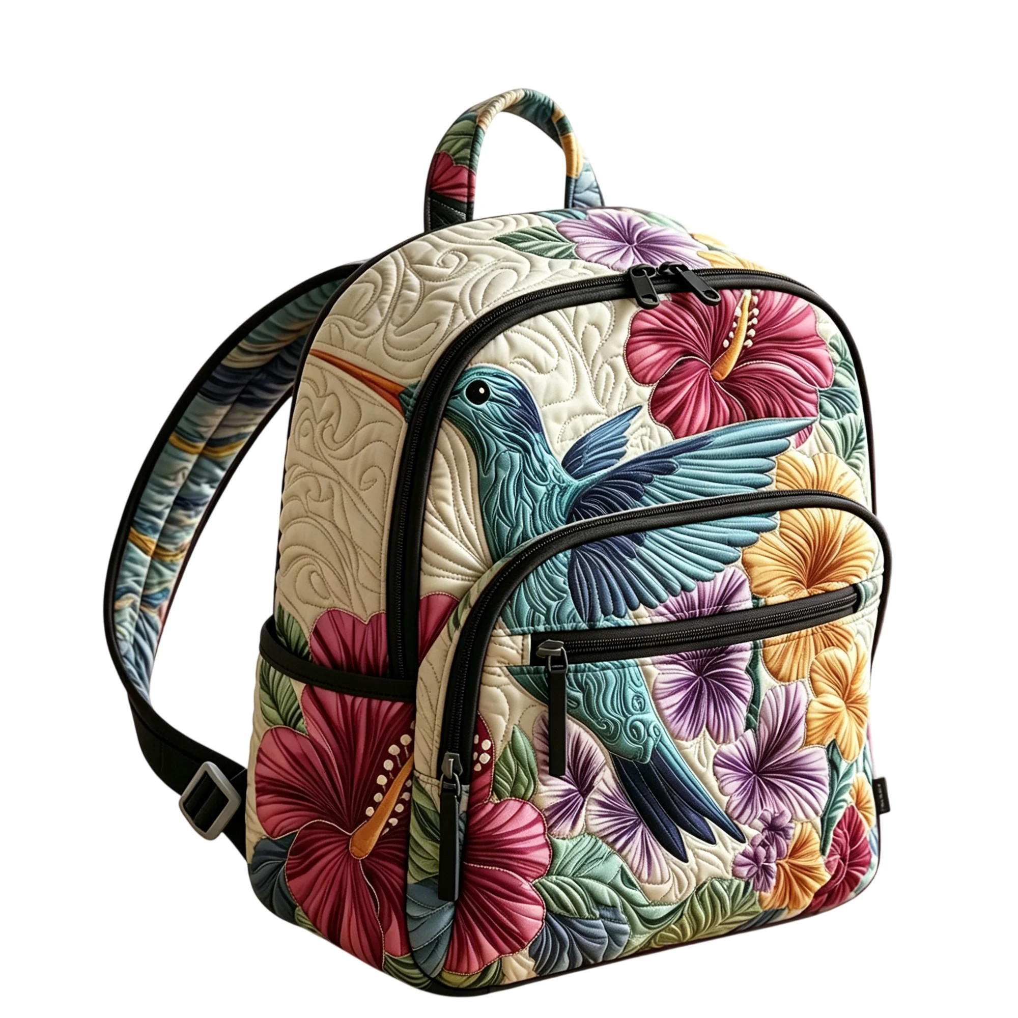Hummingbird Floral Quilted Backpack Vintage Aesthetic Large Capacity Casual Daypack for Women Men Travel Shopping Daily Use