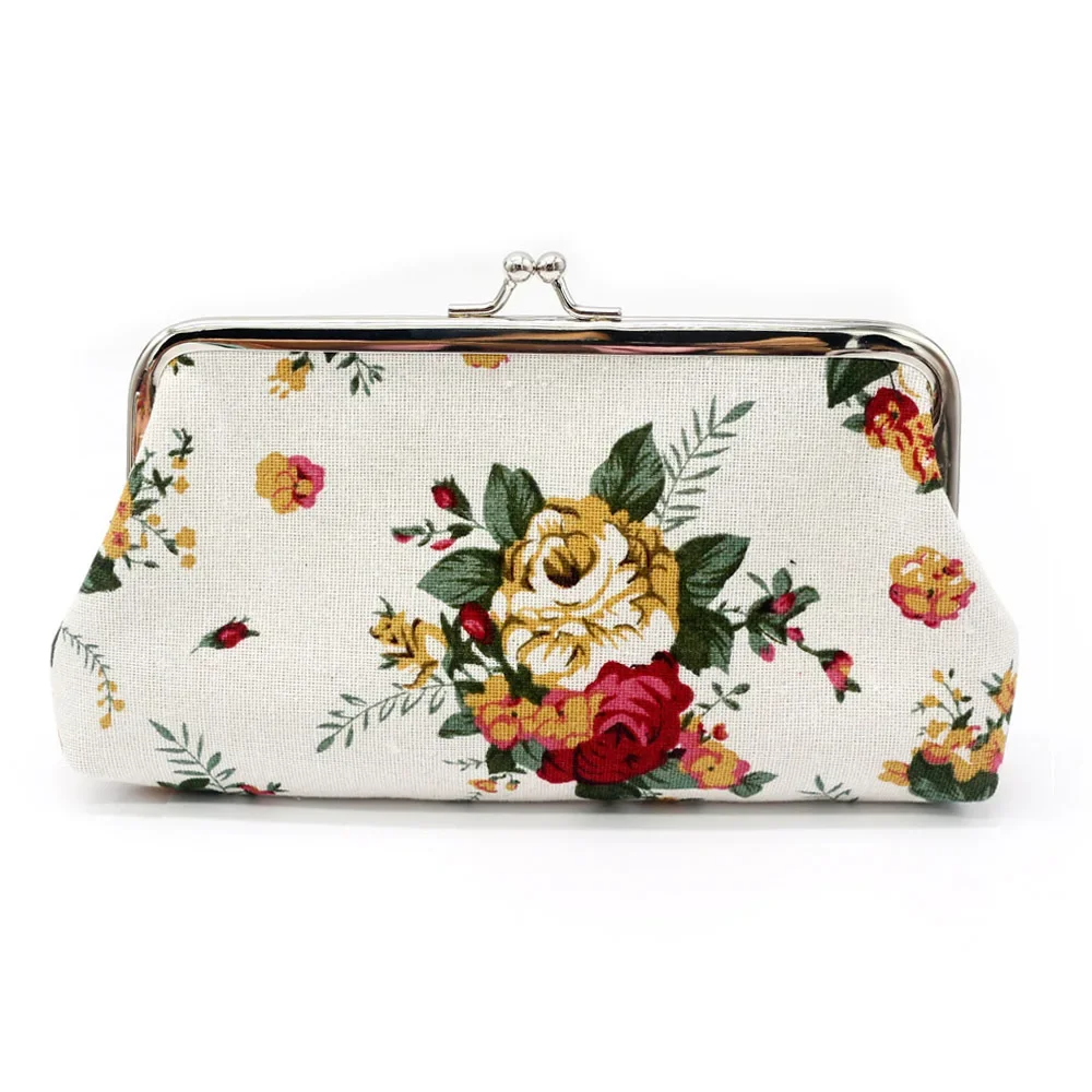 Women Canvas Fabric Big Rose Pattern Zero Coin Purse Two Metal Button Pocket Coin Pouch Key Credit Card Holde Phone Case Wallet