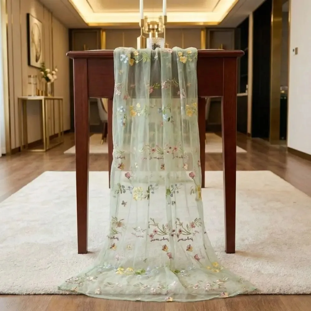 1pc 150/300cm Tulle Fabric Table Runner with Floral Embroidery Mesh Lace Tablecloth for Wedding Party Background Decoration