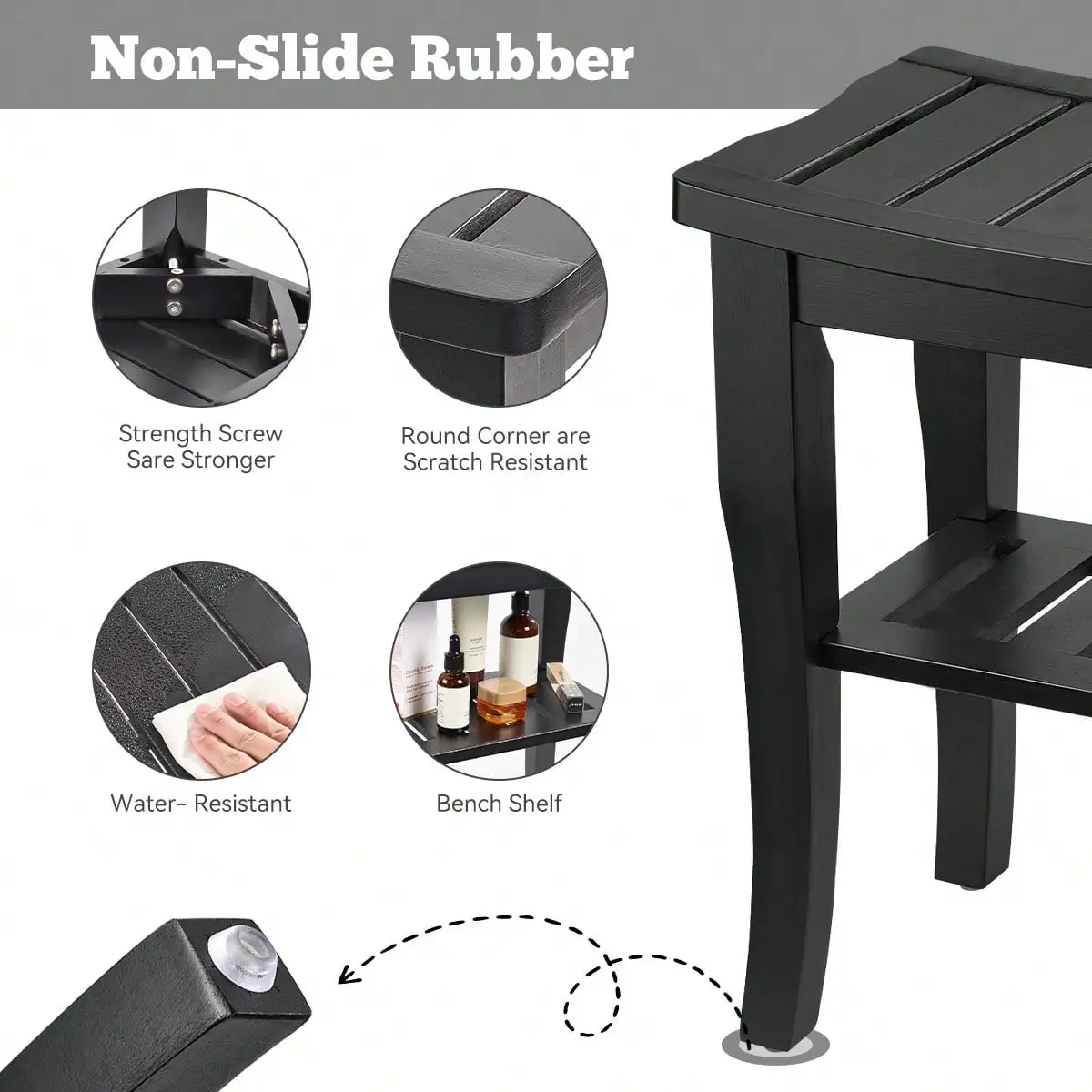 Bamboo Shower Bench & Stool Waterproof - Wood Shower Bench with Storage Shelf for Inside Shower(Black)