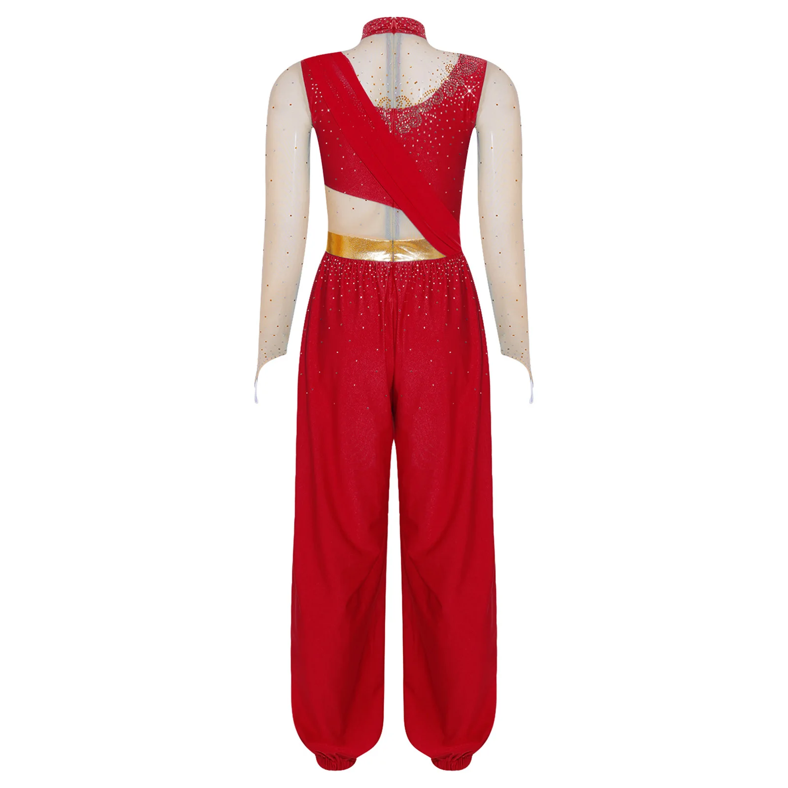 Bauchtanz-Outfit für Damen mit Strasssteinen, Märchenprinzessin-Kostüm, Transparenter Mesh-Jumpsuit mit Langen Ärmeln und Metallischer Taillenlinie – Detail 5