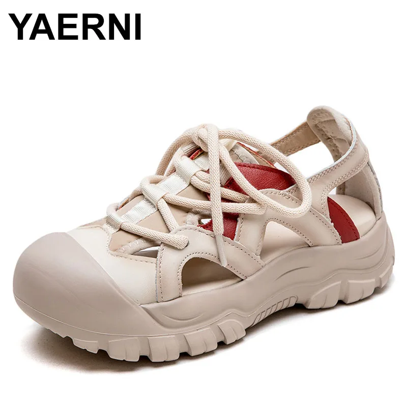 

Leather sandals, cowhide lace-up platform soles, flat women's shoes, mid-heel, versatile color-blocked casual shoes, reduced