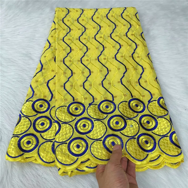 African Lace Fabric with Stones for Sewing Evening Party Dress, 100% Cotton, Yellow, Luxury, High Quality, Latest, 2022