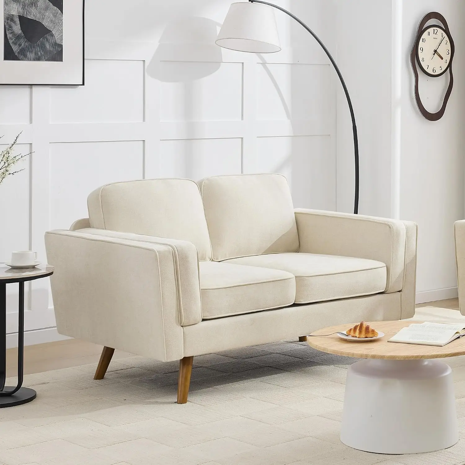 Chenille Loveseat Dual-Layer Armrests Removable Cover Spring Cushions Wood Frame Easy Assembly Small Space 62.2in Beige, Customi