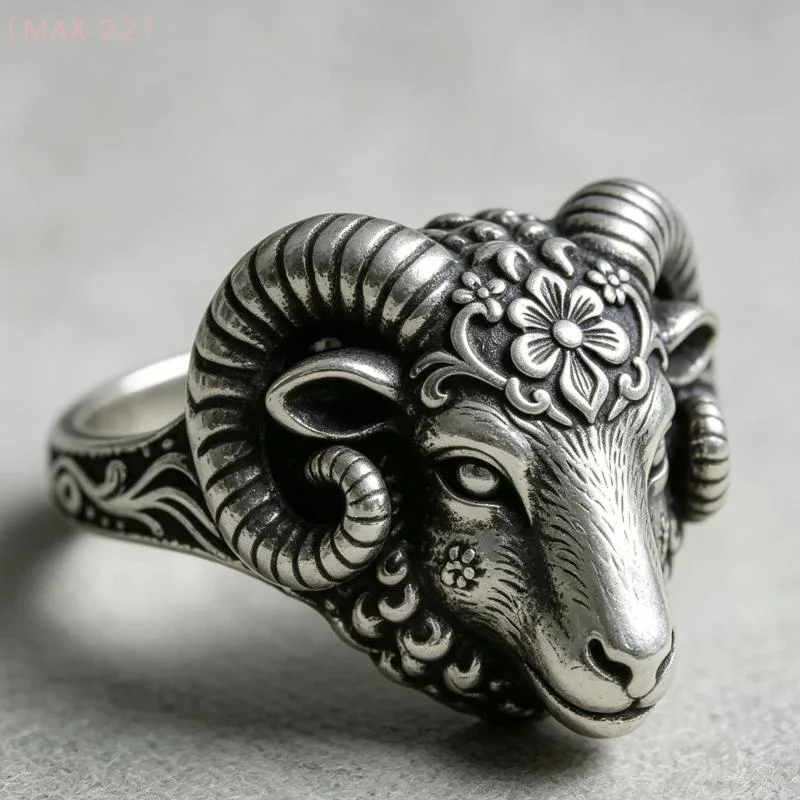 〔MAX-22〕Vintage Silvery Ram Head Ring Carved Flower Aries Gothic Animal Punk Jewelry Gift