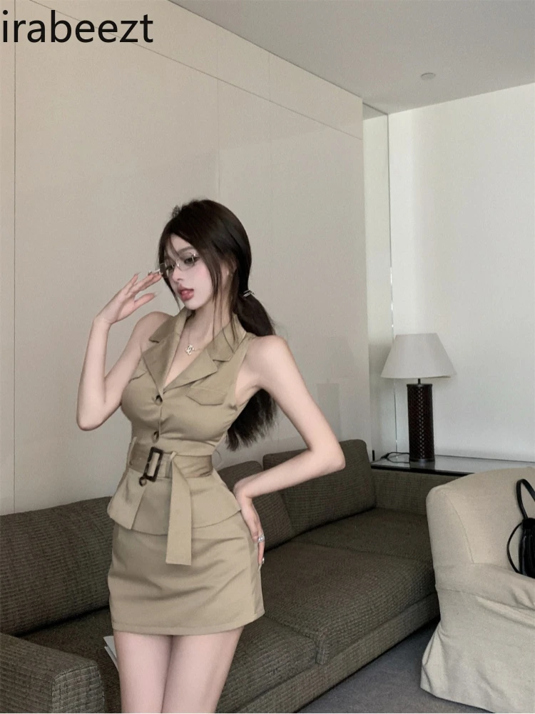 Khaki Waist Long-sleeved Coat Top Vest Fashion Suit Women\'s Autumn Hip-covering Skirt Three-piece Set Ensembles De Jupes