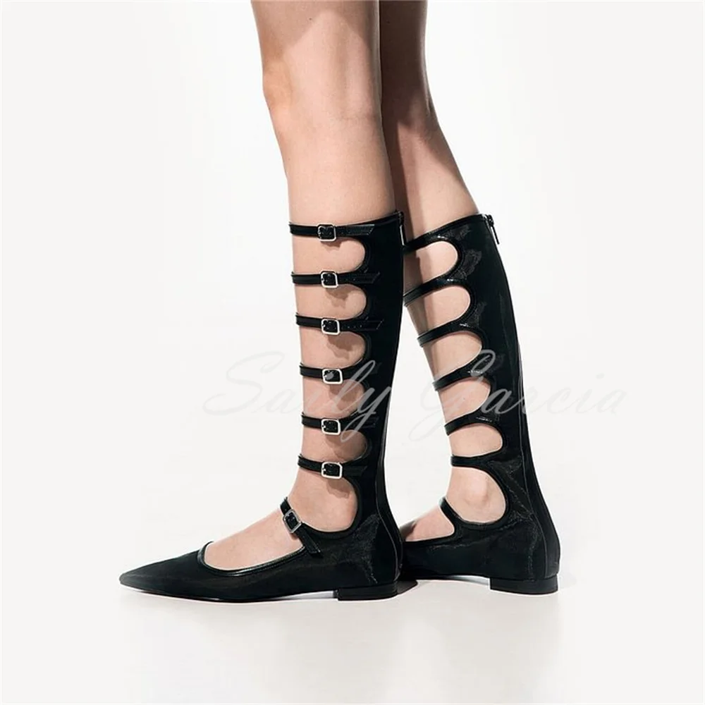 

Black Multi Buckle Mesh Zipper Knee-High Gladiator Footwear Women Pointed Toe Low Heel Summer New Solid Color Long Boot