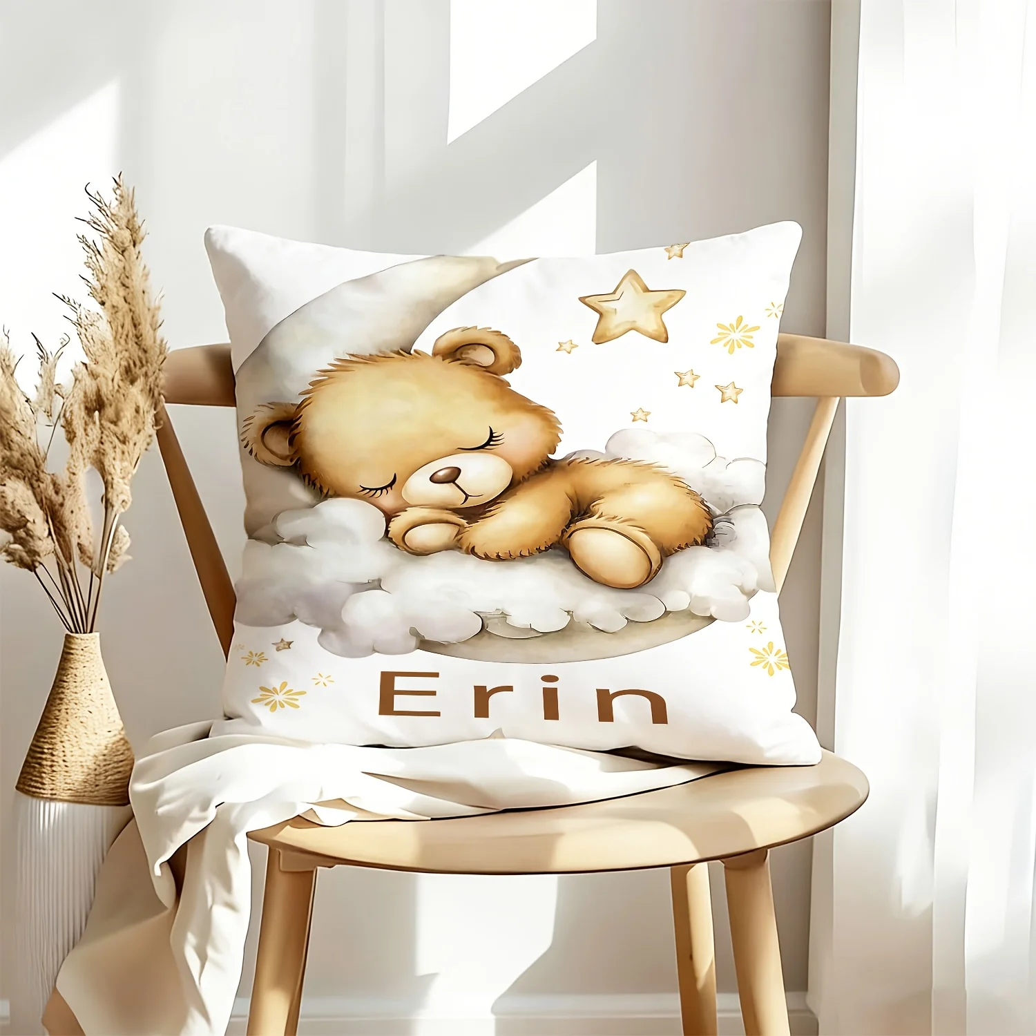 1PC Throw Pillow Cover,Sleeping Teddy Bear Moon Star Print,Nursery Cute Style,For Sofa Bedroom Couch Home Decor