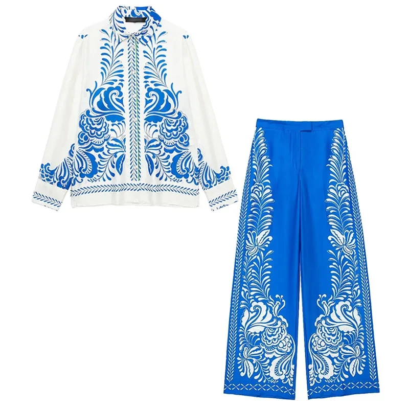 2024 Women Trouser Suits Chic Floral Print Lapel Long Sleeves Shirt Top + Vintage Loose Woman Straight Wide Leg Long Pant