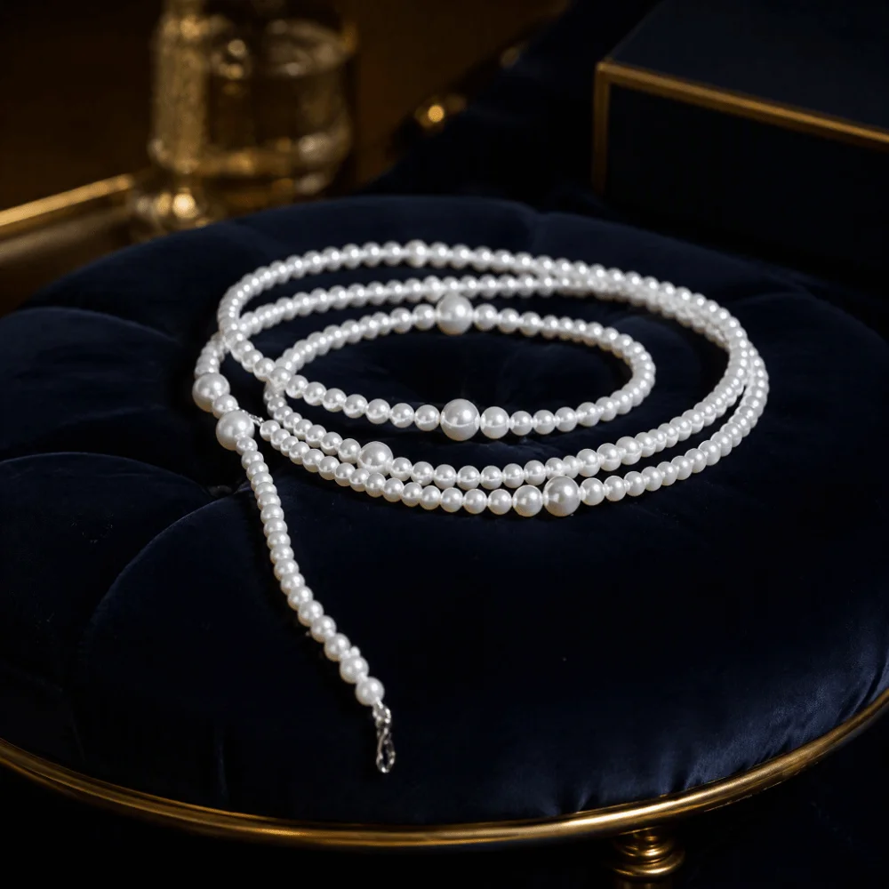 Multilayer Design Pearl Waist Chain Lengthened Style Embellished Detail Multilayer Waist Chain Adjustable Chain Metal Accessory