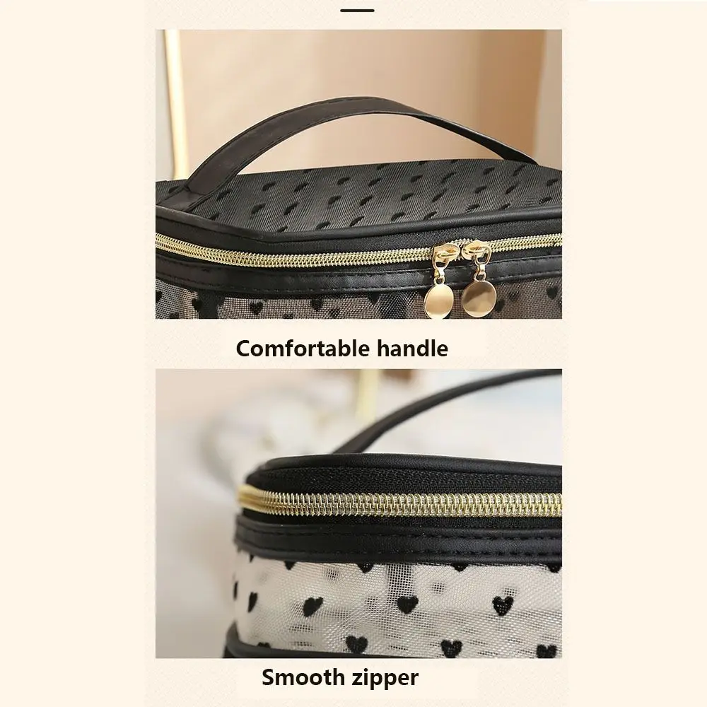 Double/Single Layer Mesh Love Makeup Bag Black Heart Printed Large Capacity Women Toiletry Bag Transparent Convenient To Carry