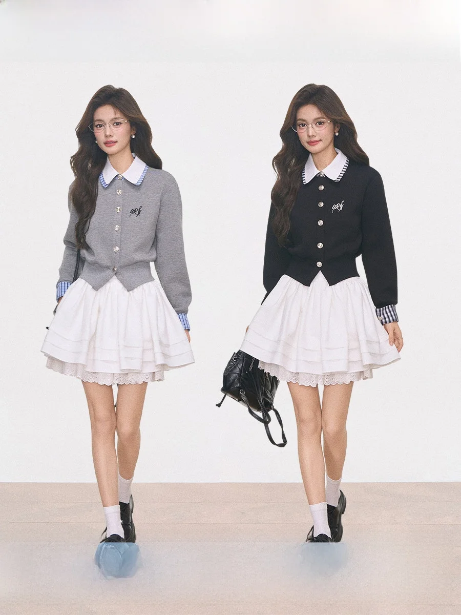 

Westayone Knitted Cardigan Outerwear Women's Miniature Lazy Style High-End White Puffy Skirt Casual Style Short Coat