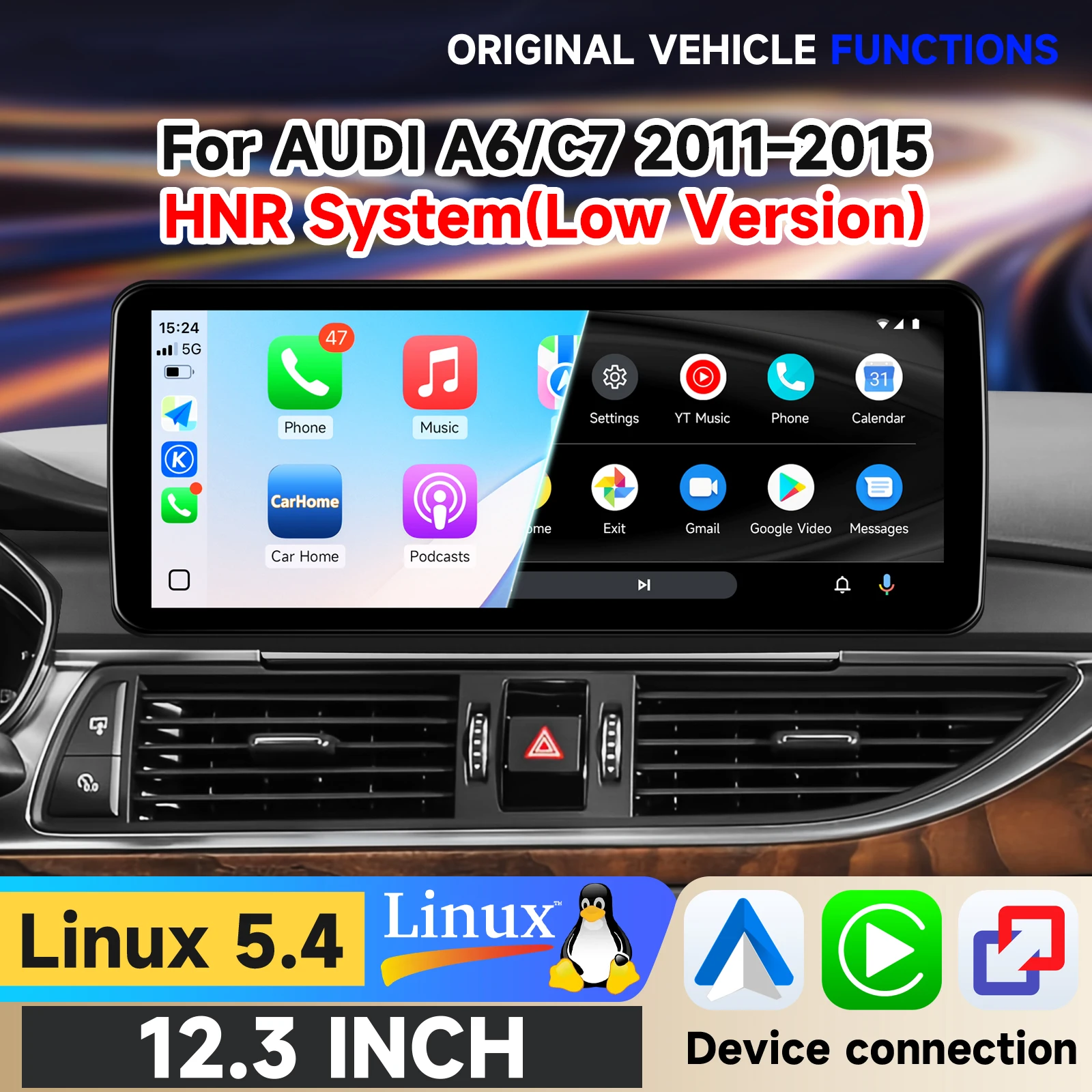 Hizpo 12,3" Linux-Bildschirm für Audi A6 C6 A7 C7 2011 - 2015 mit Wireless CarPlay, Android Auto, Airplay, Autoradio-Player, Stereo, GPS-Navigation, Audio, Original-Auto-CD-Player,