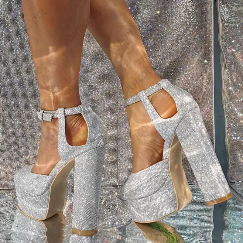 

Ronticool 2022, женские блестящие сандалии ручной работы на платформе, пикантные серебряные модельные туфли на массивном каблуке с открытым носком, размер 35, 43, 45, 47 52