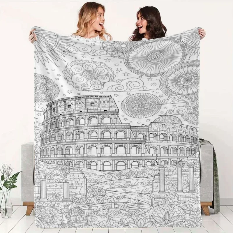 Black White Doodle Cartoon Monster Line Art Flannel Throw Blanket, Light Cozy Blanket for Kids Toddler Playroom Sofa Decor