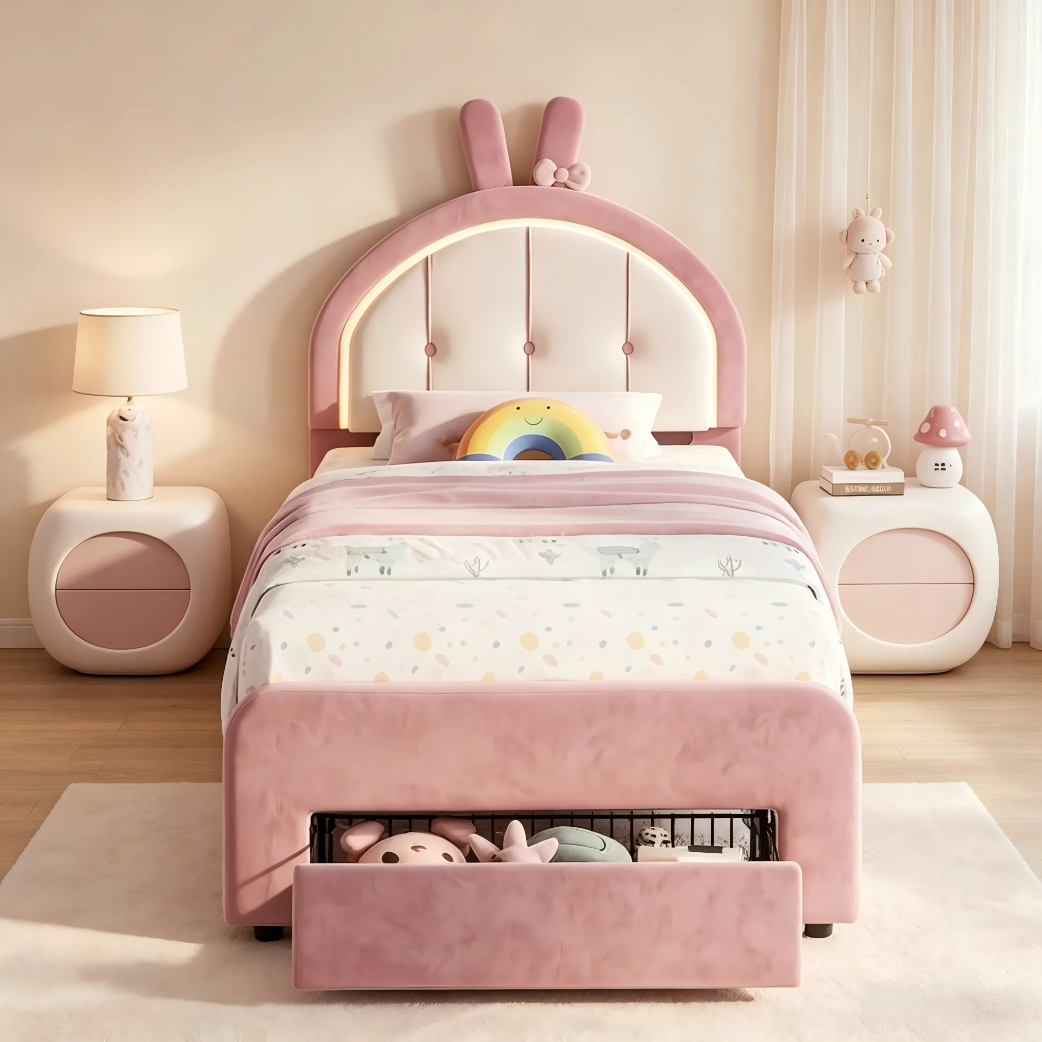 Rosahqnda Kinderbett, Einzelbett 90 x 200 cm, Prinzessinnenbett mit LED-Beleuchtung, verstellbares, gepolstertes Kopfteil, Lattenrost, Samt, Pink, ohne Matratze.