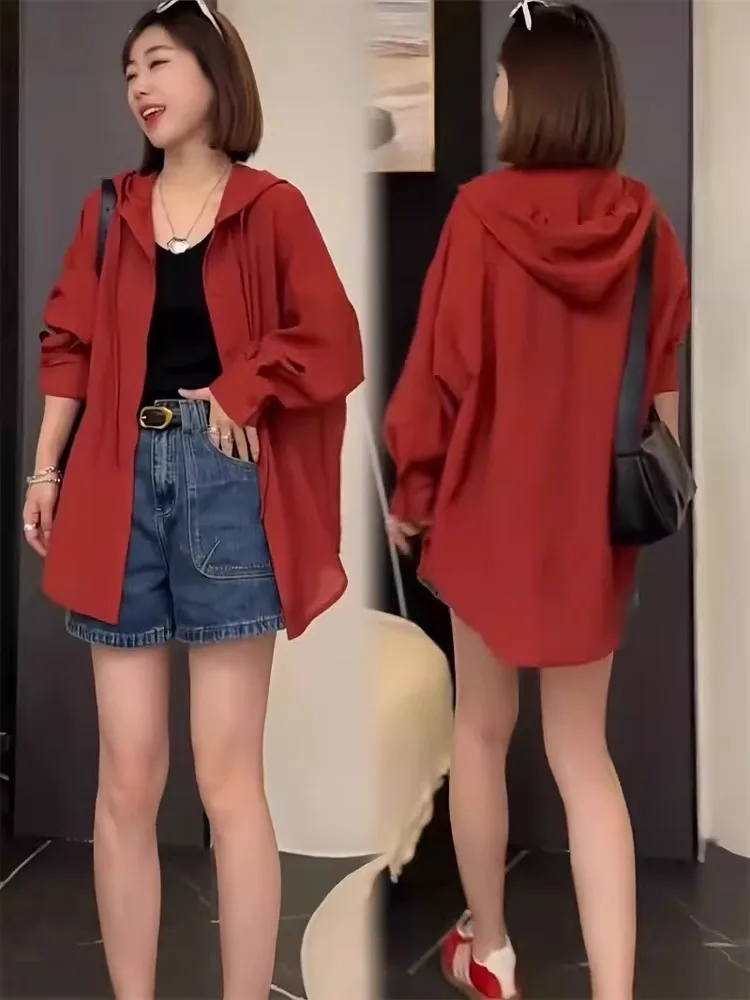 

Red Hooded Sun Protection Women's Long Sleeve Summer Ice Silk Cover up Thin Outdoor UV Protection Outerwear Air Conditioning ...