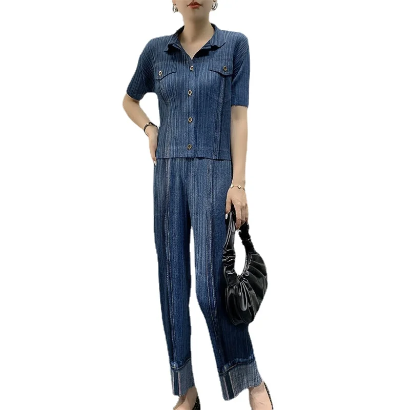 ALSEY Miyake Pleated Denim Suit Autumn New Short Sleeves Coat + High Waist Casual Pants Fashion Two-Piece Suit Female Clothings