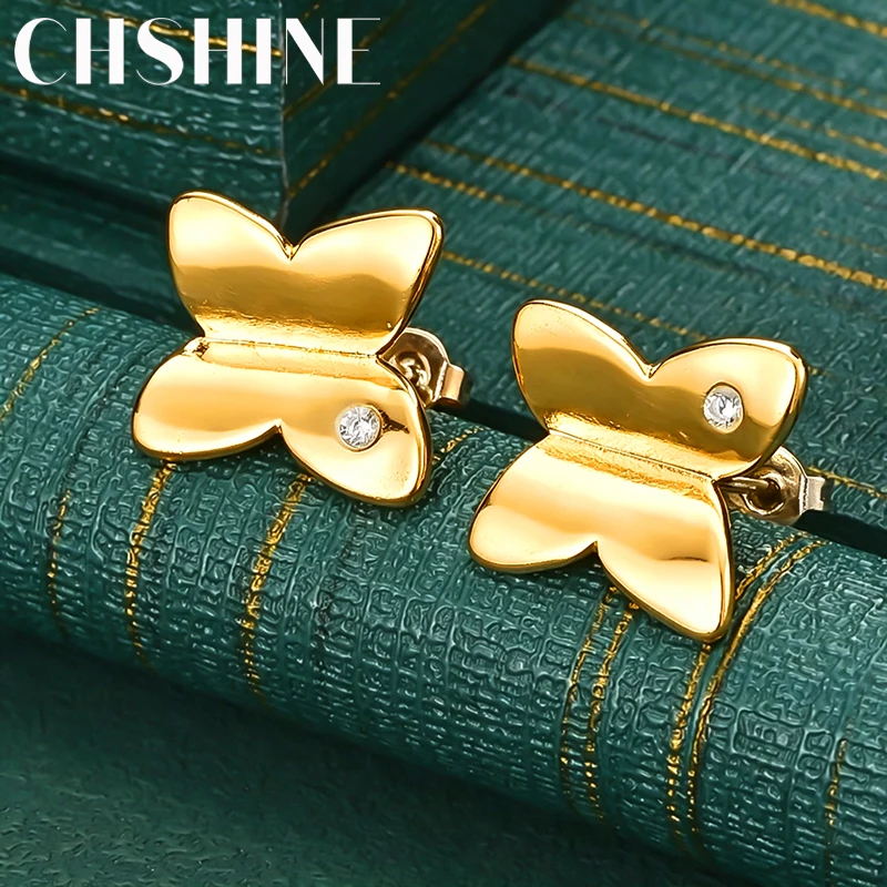 925 Sterling Silver 18K Gold Solid Butterfly Zircon Stud Earrings for Women Fashion Wedding Party Jewelry