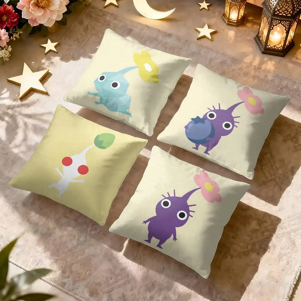 Classic Cute Anime P-Pikmin Cartoon Cushion Cover Soft Plush Fabric Double-Sided Printed Pillowcase for All Seasons Home Decor