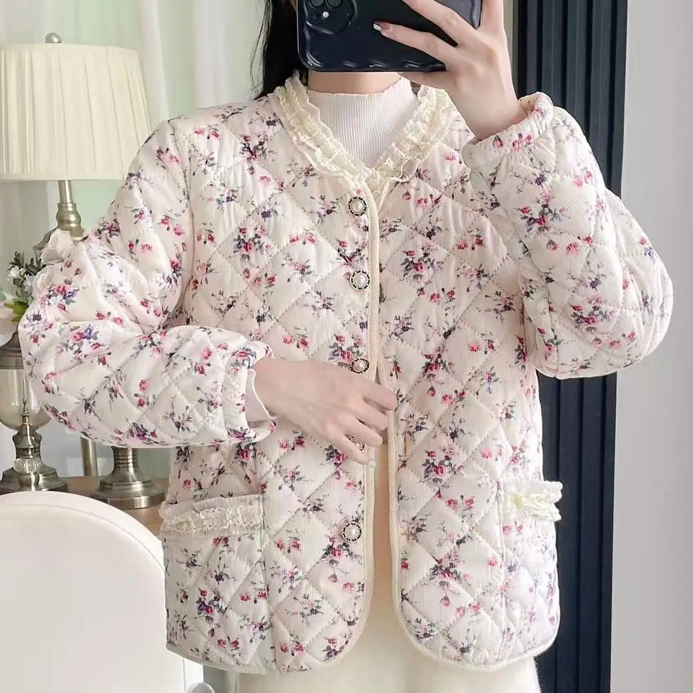 

Women Lace Floral Tang Suit Jacket 2026 Spring Autumn Fleece Coat Warm Clothes Female Elegant Sweet Printed Cotton Jacket