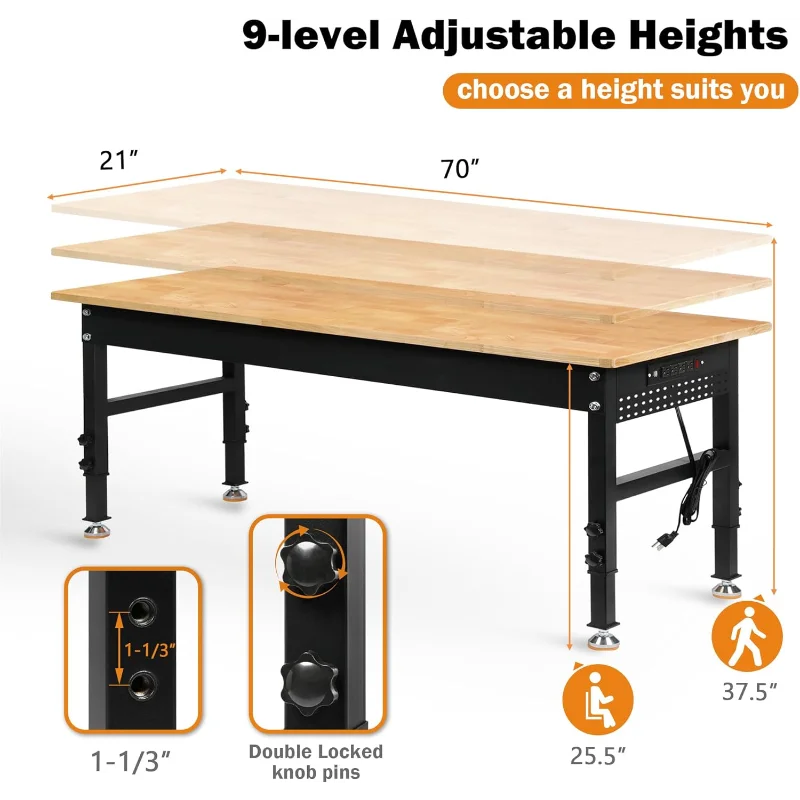 70" Adjustable Height Workbench, 2000 LBS Heavy Duty Work Table with Power Outlets & Pegboard, Rubber Wood Workstation