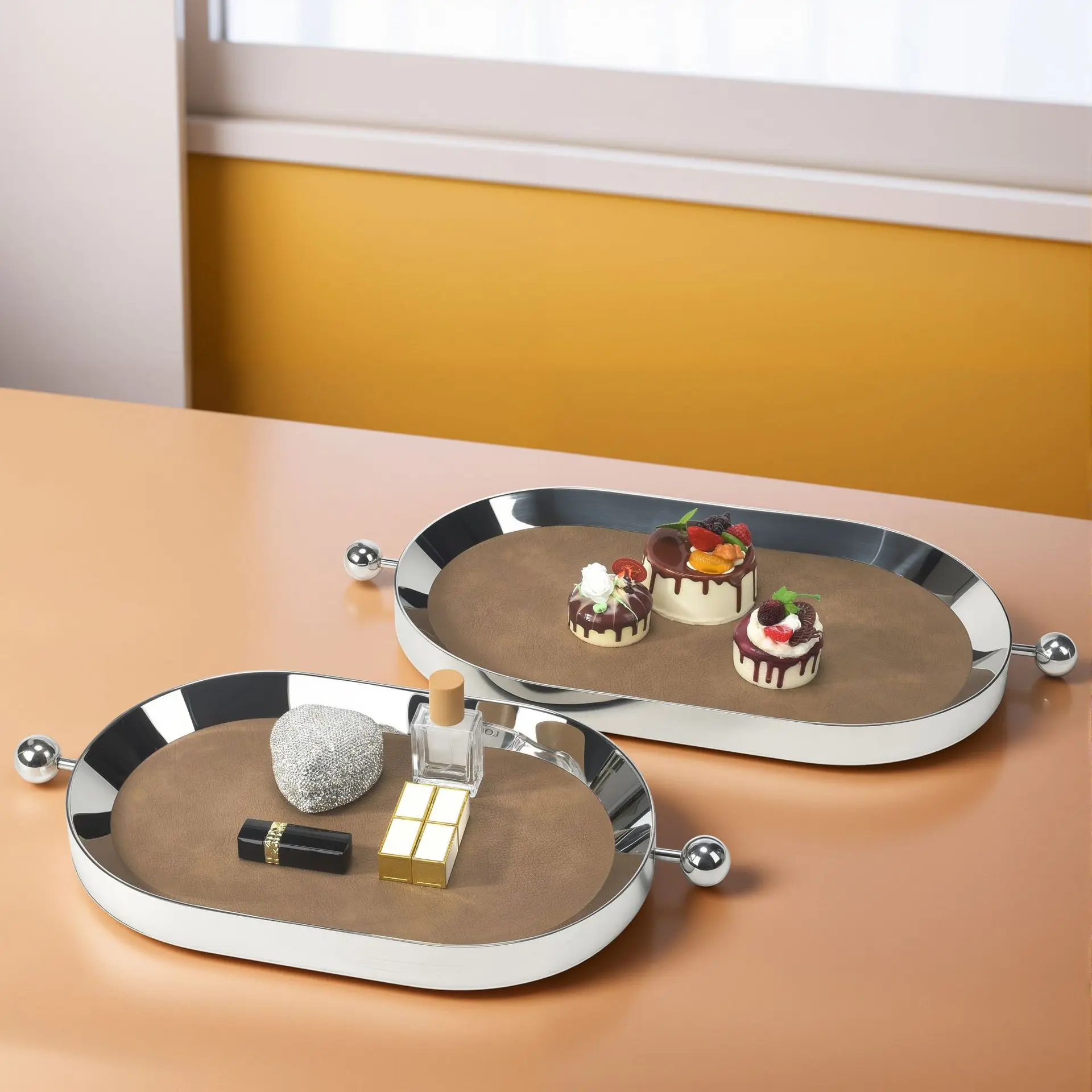 Stainless Steel Mirror Leather Tray Luxury Fruit Plate Cake Plate Metal Jewelry Storage Tray Home Decoration Accessories
