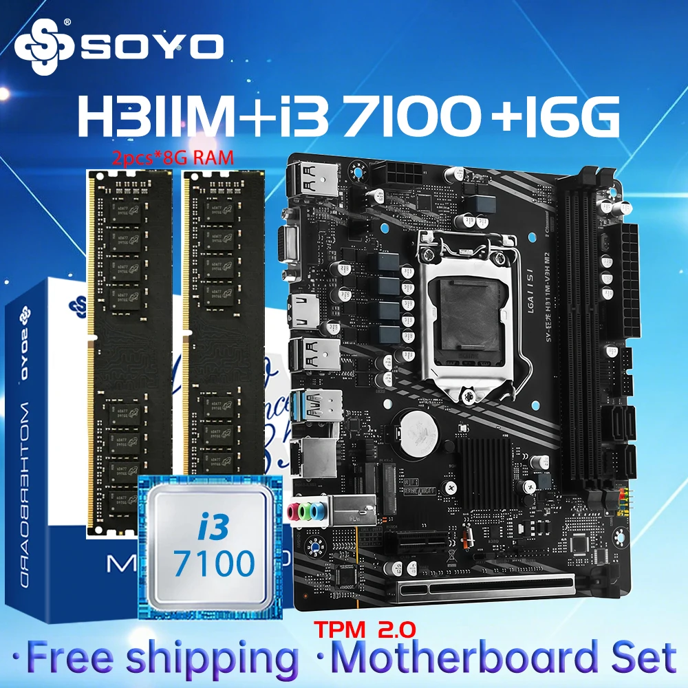 

H311M Gaming Motherboard SOYO i3 7100 CPU RAM Memory 16G(8G*2)TPM2.0 PC Combo Kit xeon Intel1151 Dual PCIE3.0X16 HDMI VGA M.2