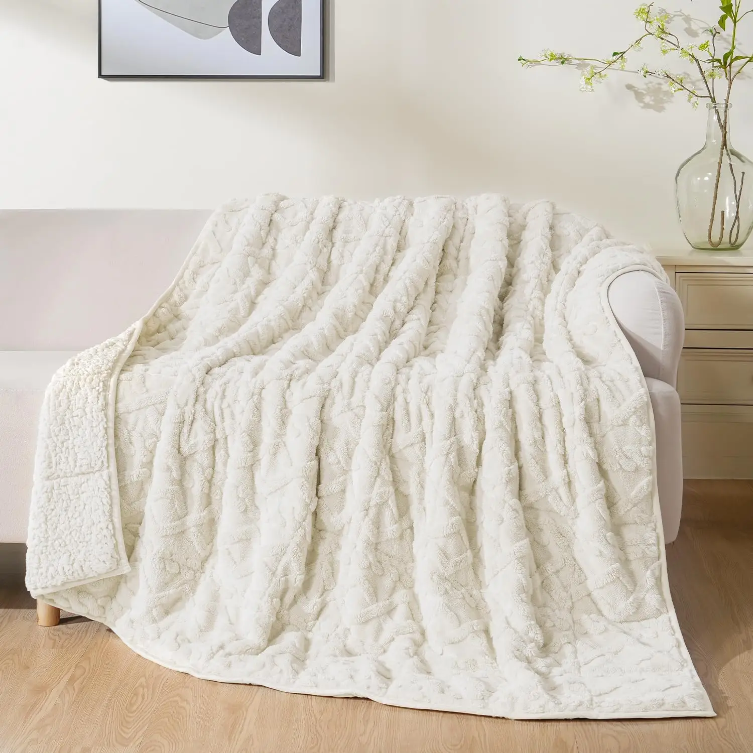 

Утяжеленное одеяло Queen Size 20 фунтов для взрослых, двухстороннее одеяло из мягкого жаккарда шерпа, кремово-белое