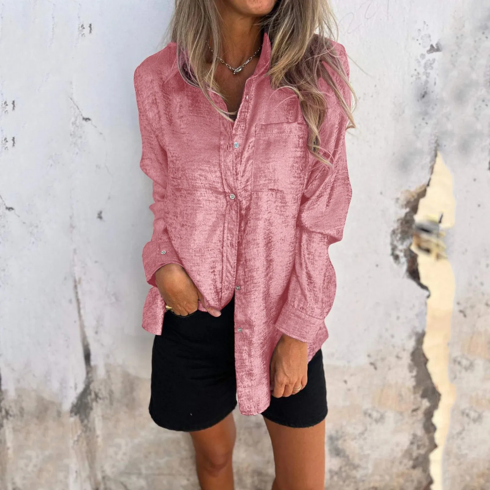 

New Womens Fashion Blouses Long Sleeve Pocket Button Tee Casual Hot Sale 2024 Blouse Elegant Ladies Tops Female Spring