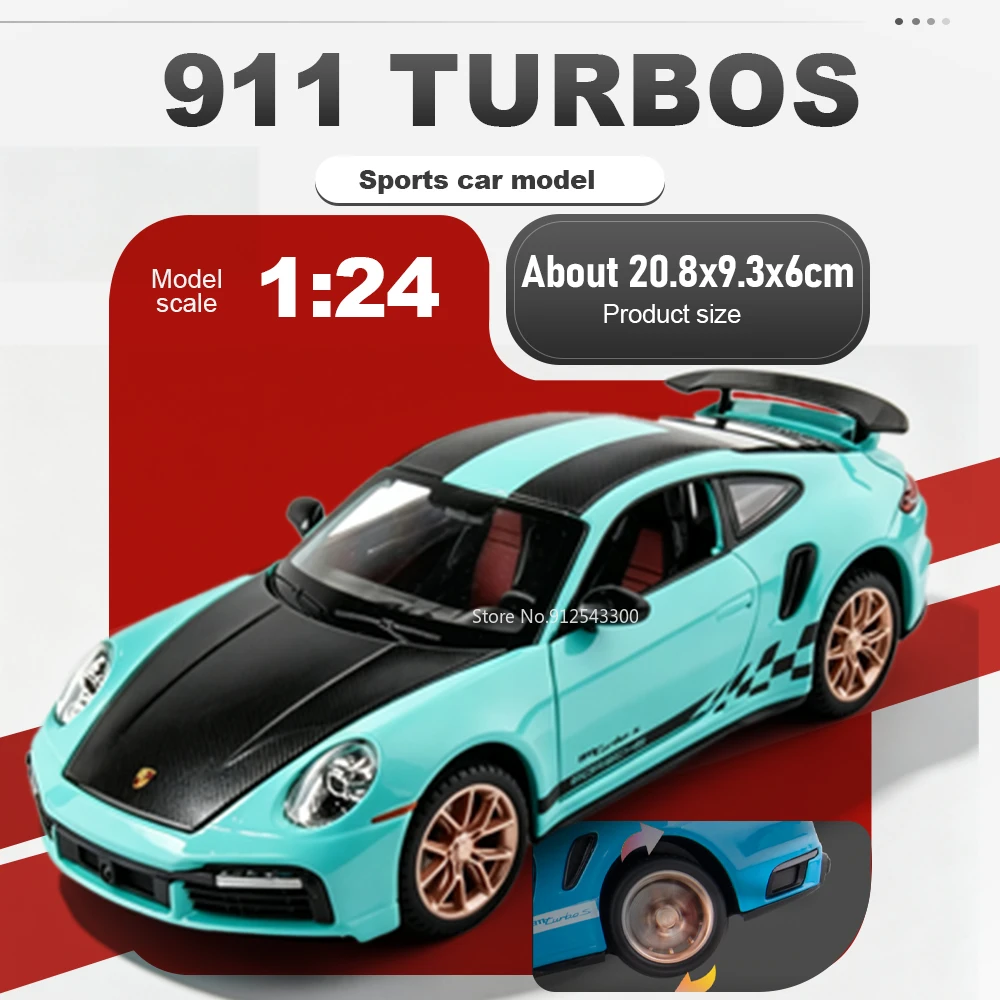 

1:24 911 Turbos Car Model Toy Doors Opened Sound Light Models Pull Back Metal Diecast Vehicle Educational Gifts for Children