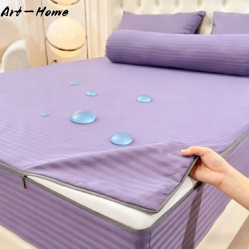 Customizable Waterproof Fitted Sheet Mattress Cover with Zipper 6-Sides All Inclusive Mattress Protector Anti-slip Bed Cover