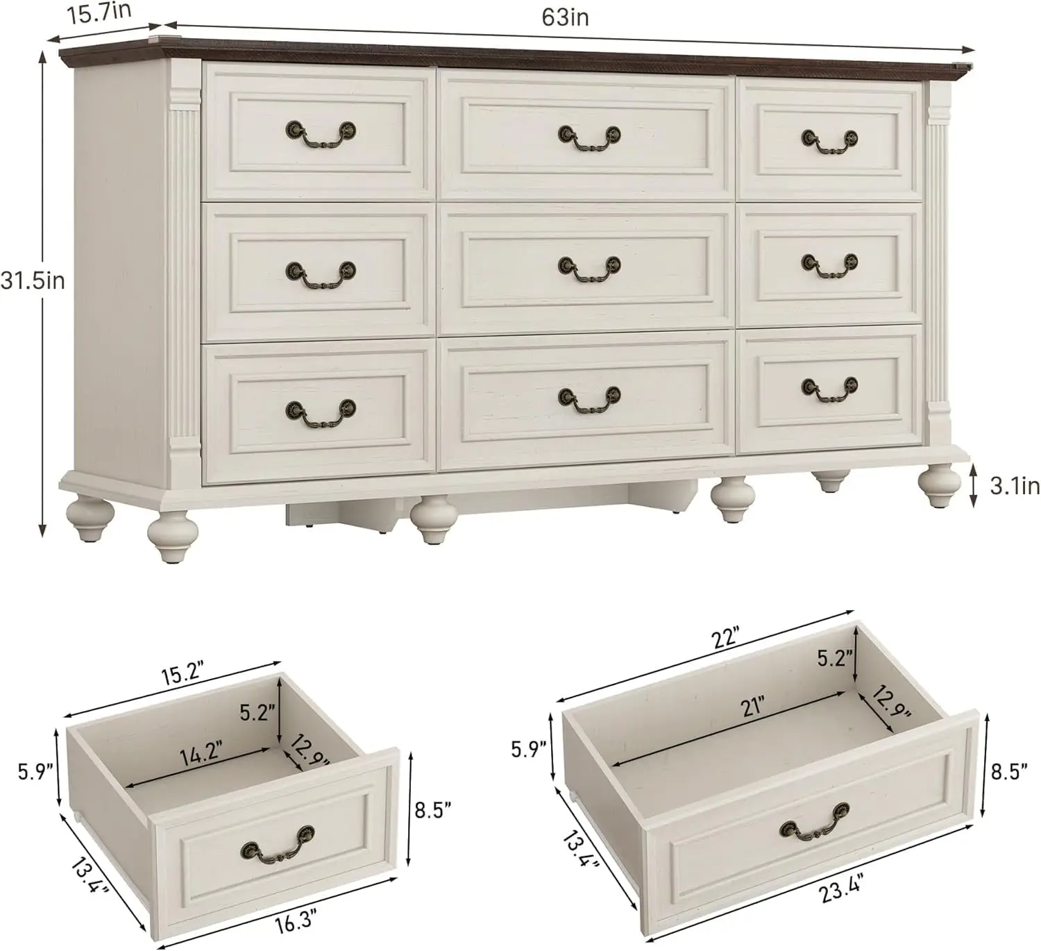 Rustic White Wood 9 - Drawer Dresser with Gourd Feet and Roman Column Decor for Bedroom, Living Room - 63in Wide
