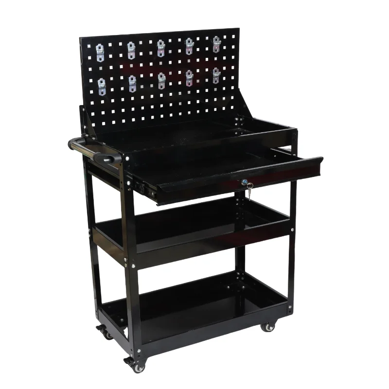 

Metal Foldable Medium Duty Tool Cart with Drawer Backboard and Back Panel 3D Storage