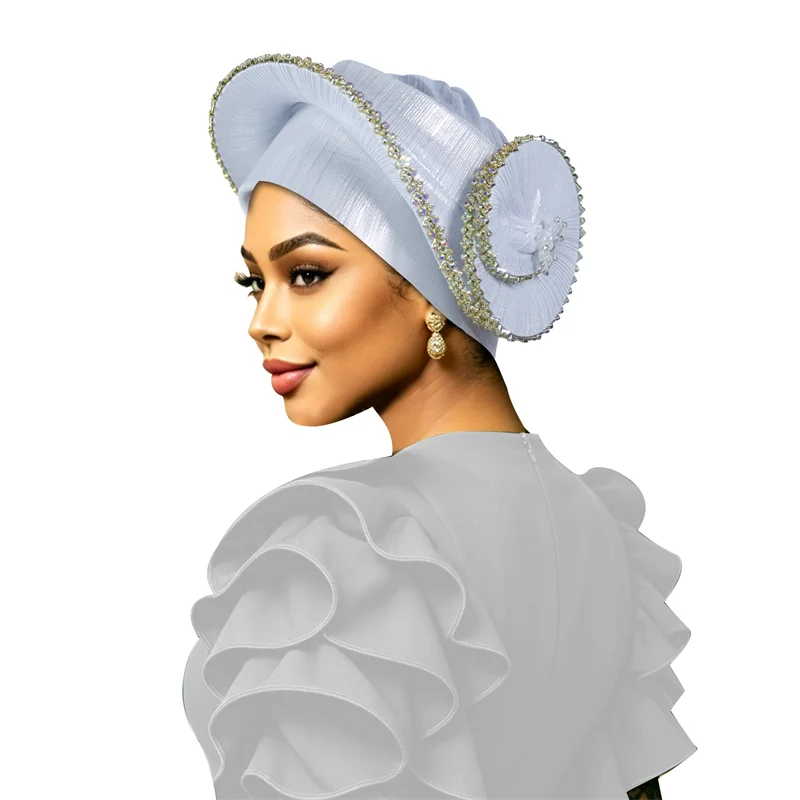 

Luxury Rhinestone Decor Auto Gele African Turban Shiny Satin Ready Made Head Wrap Nigerian Headtie Women Wedding Eid Party Head
