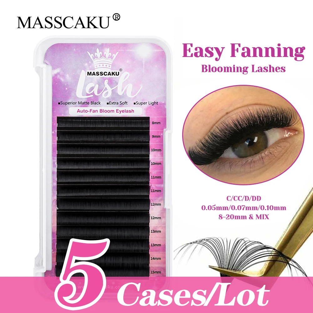 

5cases/lot 8-17mm and Mix Length Premium Velvet Fiber Self Blooming Lashes Matte Black Ribbon Easy Fanning Eyelashes by MASSCAKU