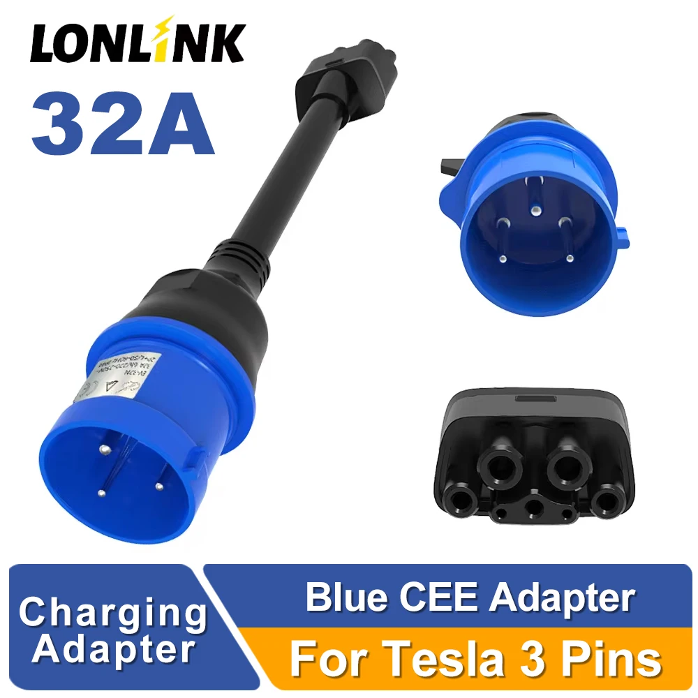 LONLINK For Tesla 3pin Blue CEE Adapter For Model S,3,X,Y Gen 2 Ev Charger Extension Cord Connector 240V Outlet at 32A 10inch