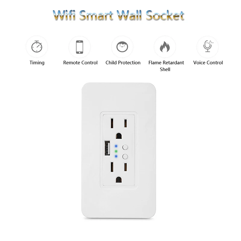 Smart WiFi Wall Outlet US Electric Plug 90-250V Timer Socket USB Charger 15A Independent Switch Remote Control by Alexa Google