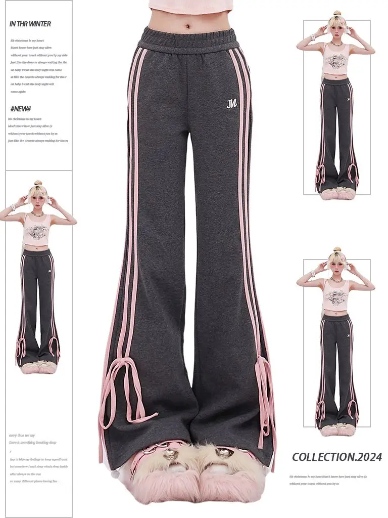 Casual Butterfly Strap Side Decoration Flared Pants Autumn Summer New Loose and Loose Wide Leg Pants Sweet Young Women Girls Y2K