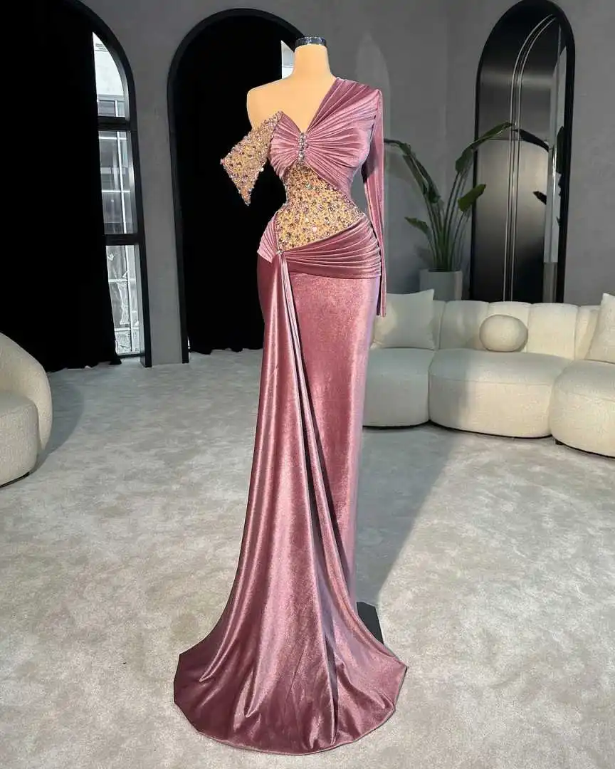 Moderno sereia vestido de noite um ombro manga longa vestidos de baile bainha cristal frisado até o chão vestidos de festa personalizados